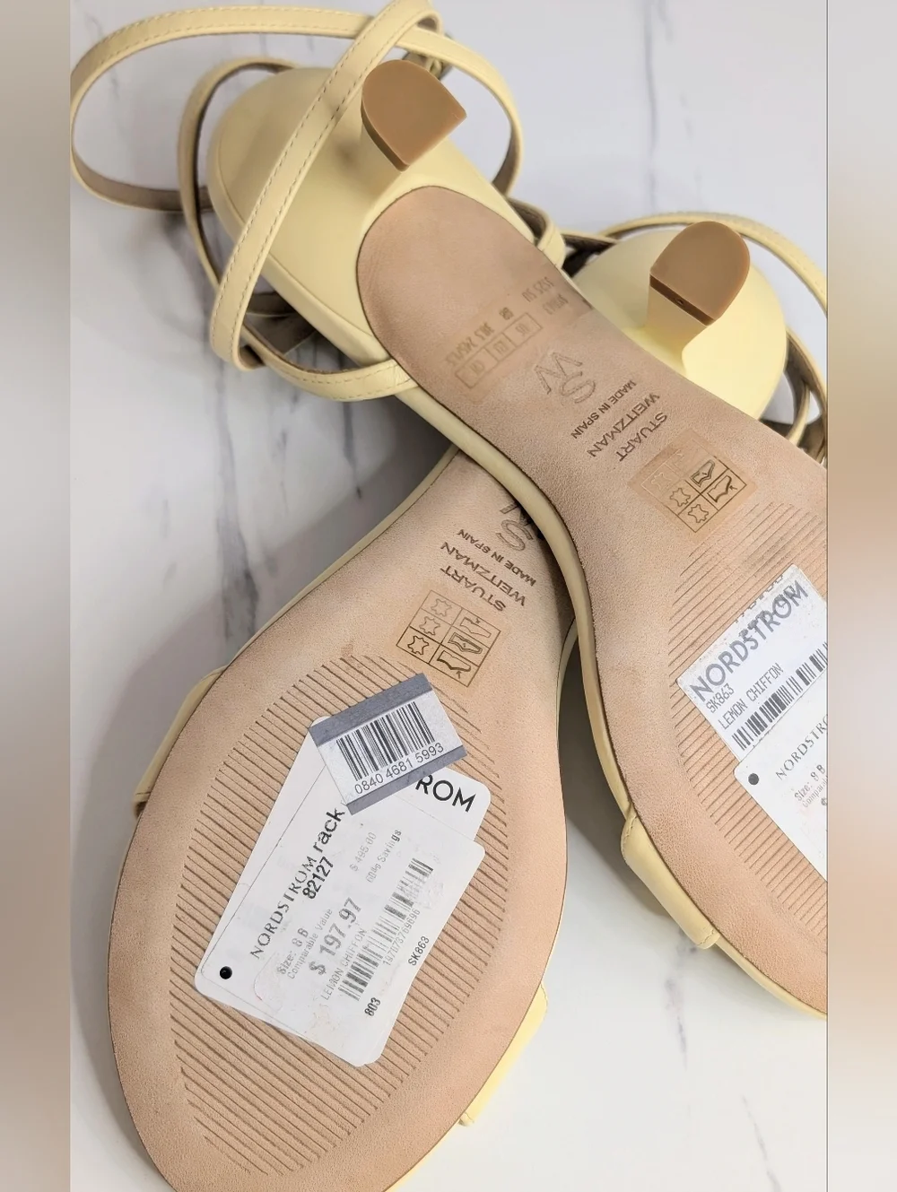 Stuart Weitzman Nudist Wrap Sandal Heels 8 Lemon Chiffon Strappy Kitten Heel - Picture 6 of 11